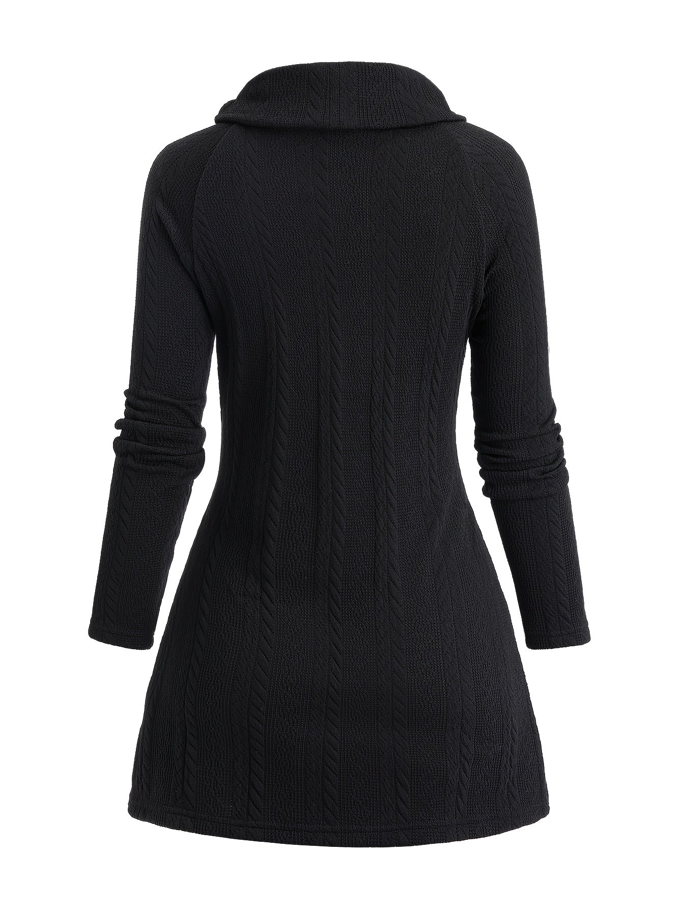 The back view of a black women's cable knit cardigan sold by 100 spartans