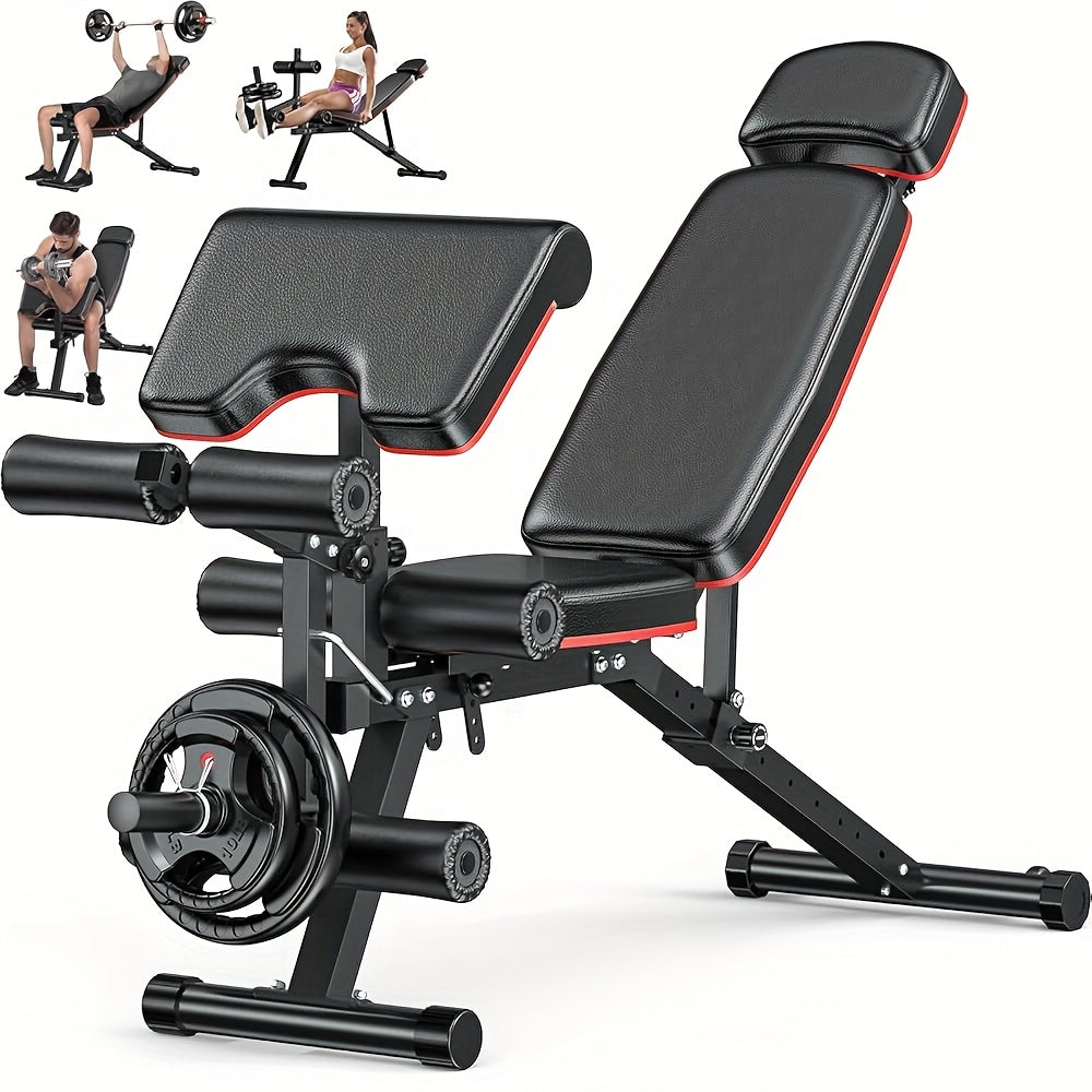 Black and red adjustable weight bench with various attachments on a white background