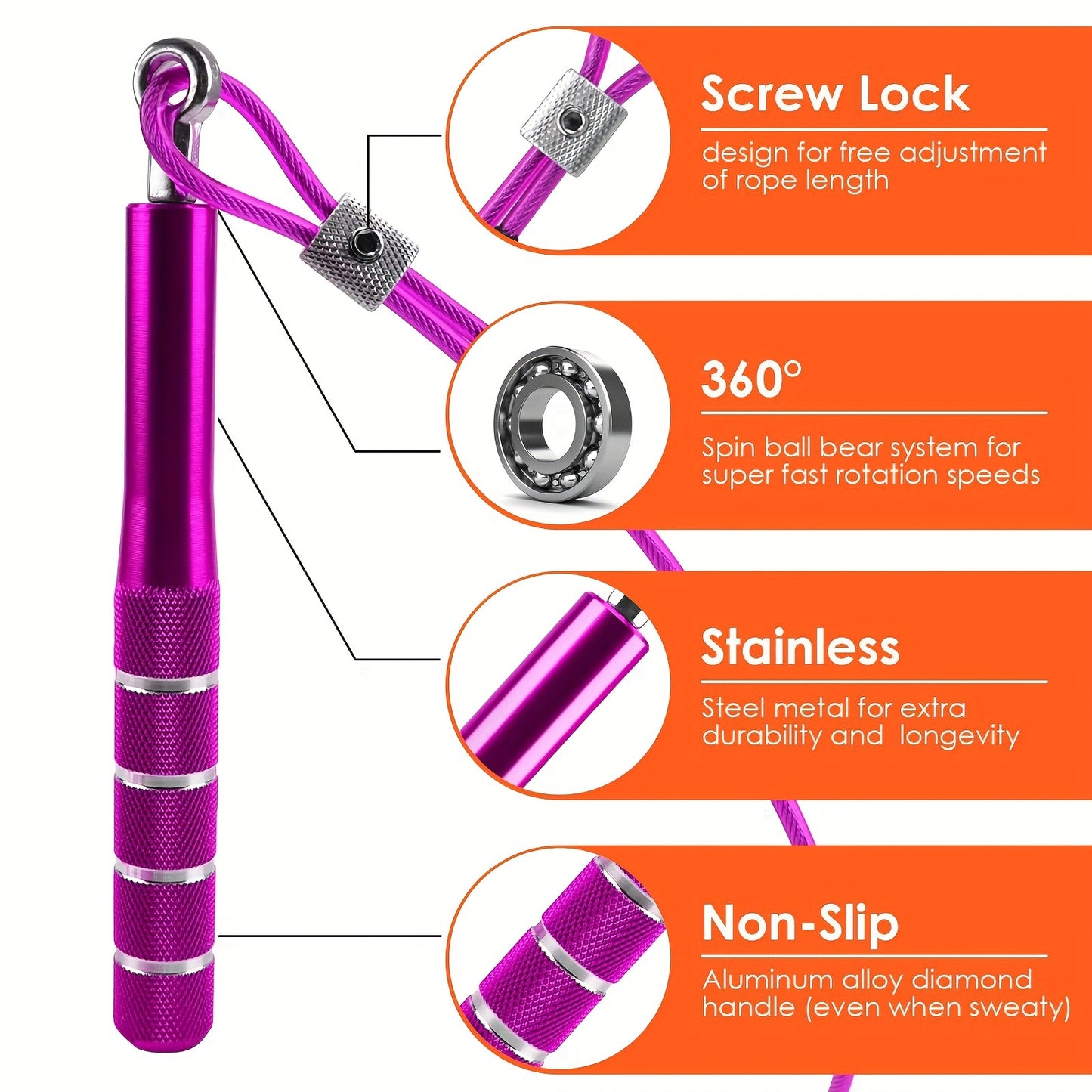 Purple adjustable skipping rope with features highlighted on an orange background
