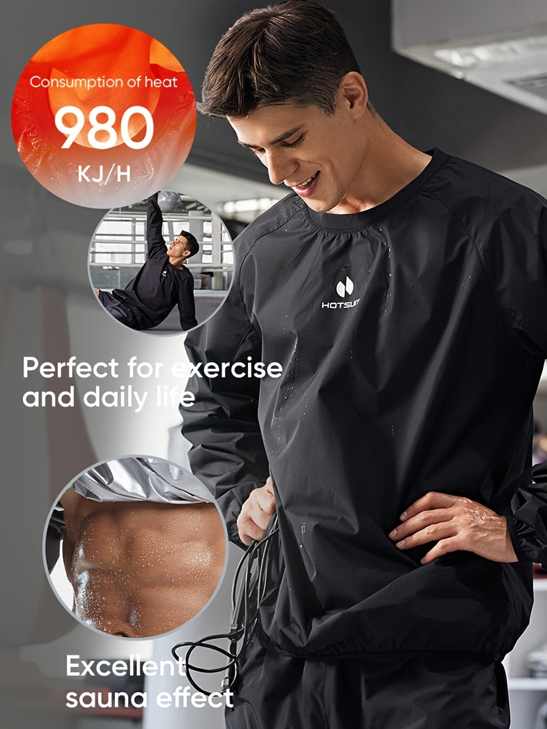 A man  wearing a black sauna sweat suit top with text about heat consumption and sound effect, set against a blurred indoor background.