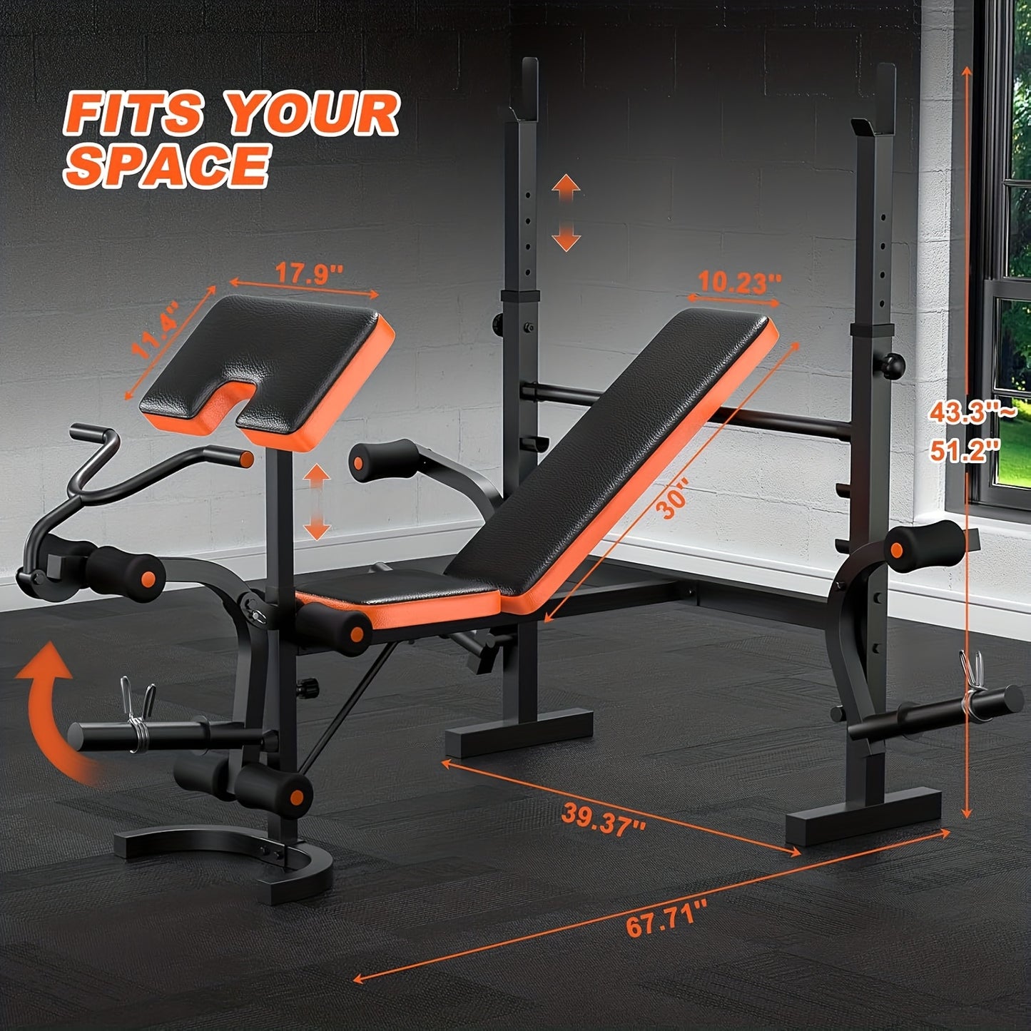 Black and orange adjustable weight bench with adjustable components on a dark floor.