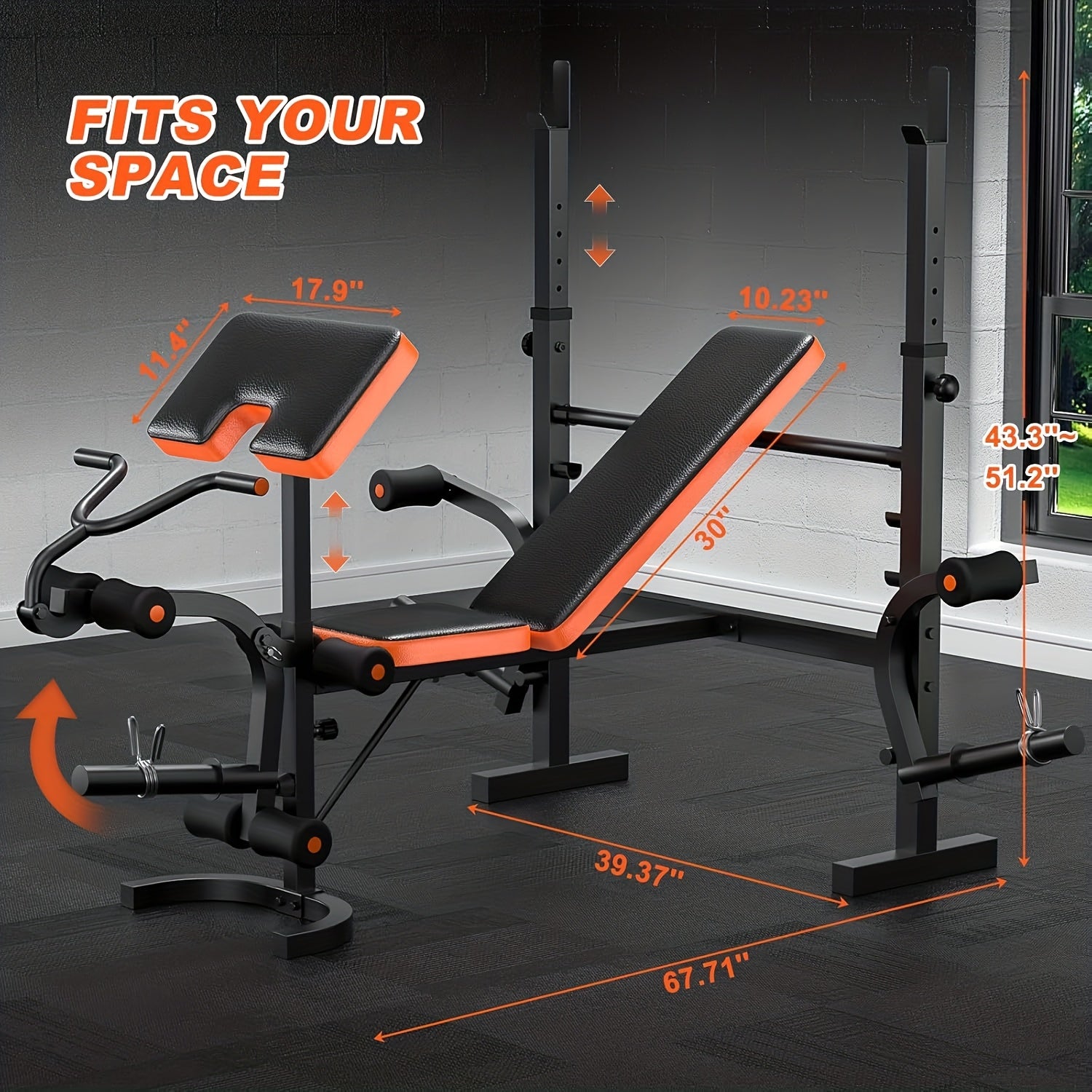 Black and orange adjustable weight bench with adjustable components on a dark floor.