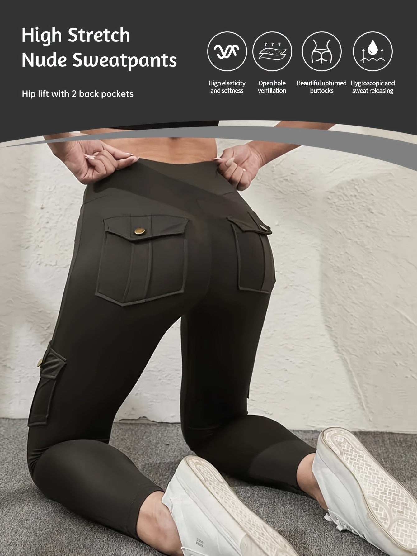 Person wearing black high stretch yoga leggings with text and icons on a light background
