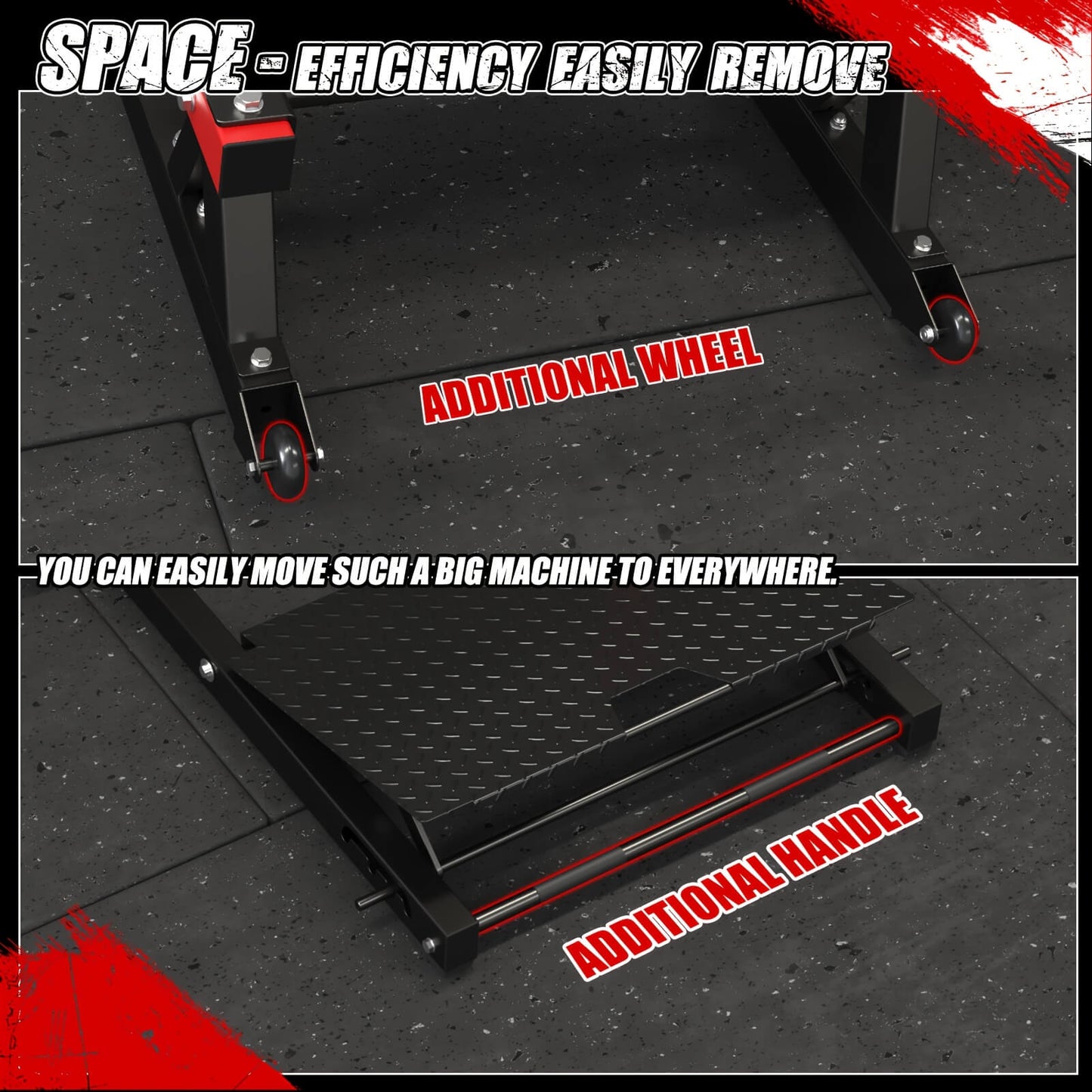 Black and red glute bridge machine with wheels and handle on a black floor.
