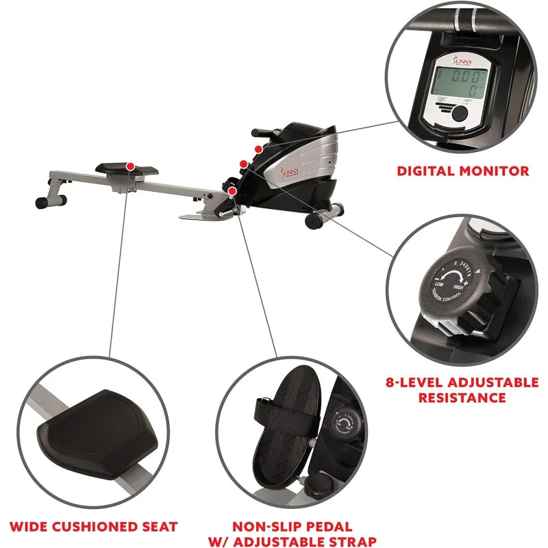 Different components of a sunny magnetic rowing machine sold by 100 Spartans