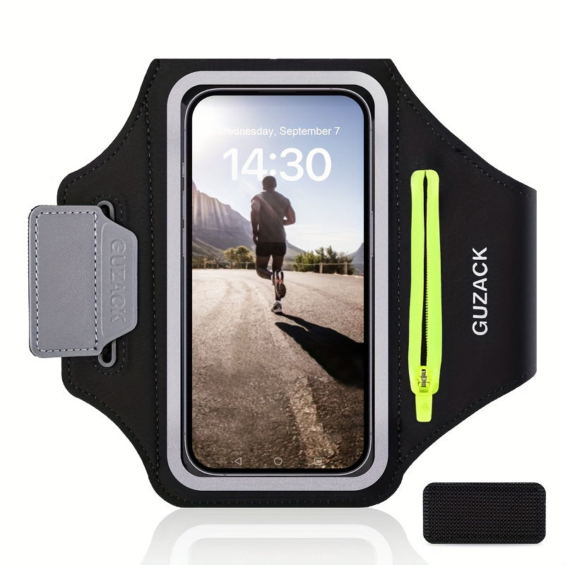 Black phone holder for running​ with smartphone display showing a running scene, featuring the brand 'GUZACK'.