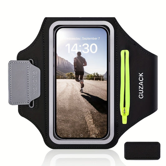Black phone holder for running​ with smartphone display showing a running scene, featuring the brand 'GUZACK'.