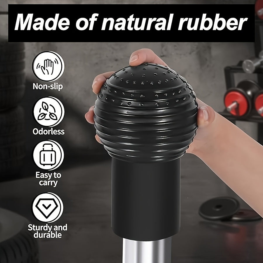 A black Landmine Attachment for Barbell held by a hand with features listed on a gray background