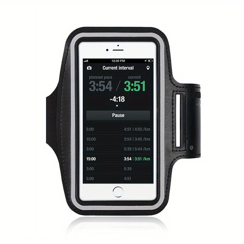 Black phone holder for running with smartphone displaying interval training app on a white background