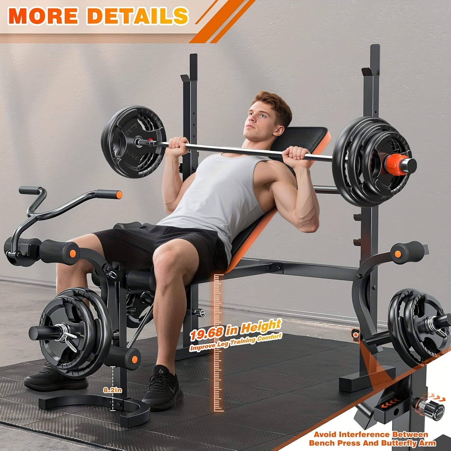 Man performing bench press with weightlifting equipment, including a barbell and weights.