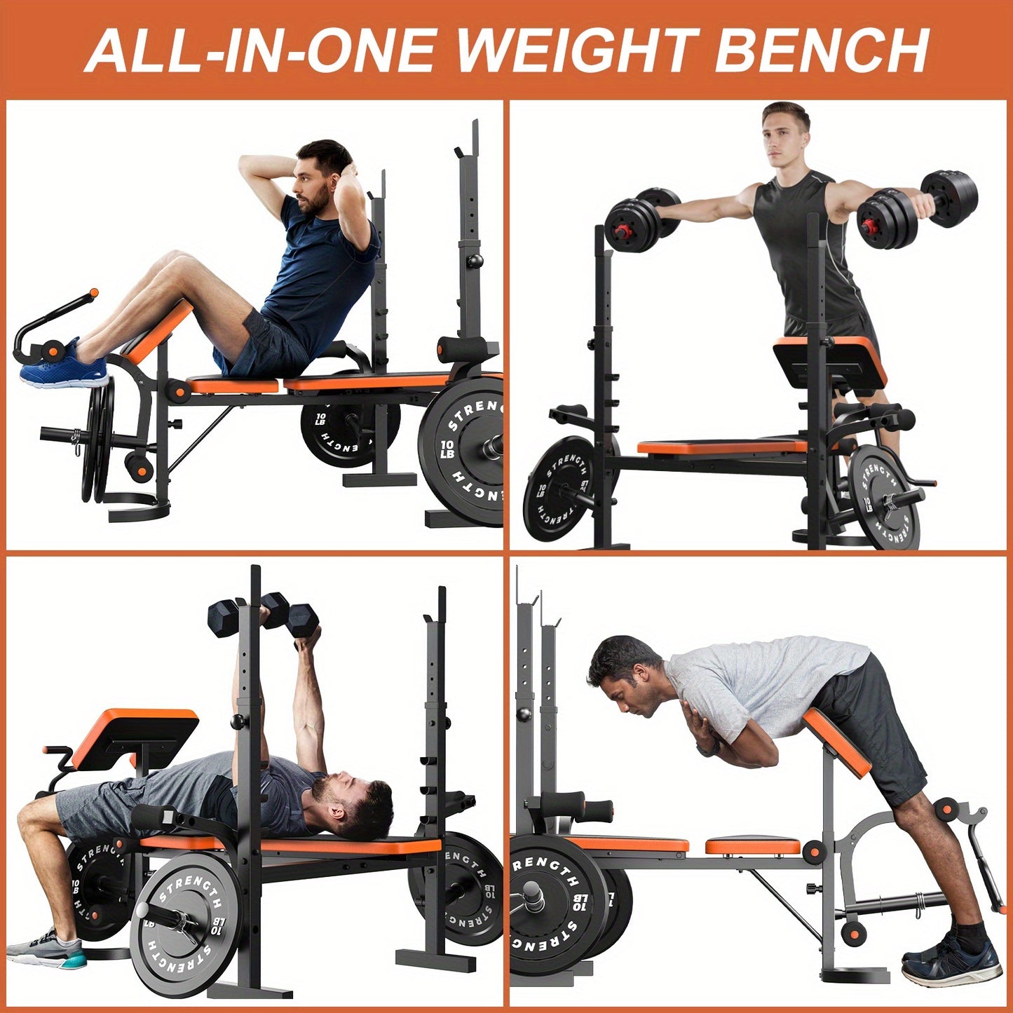 All-in-one adjustable weight bench with various exercises being performed on it.