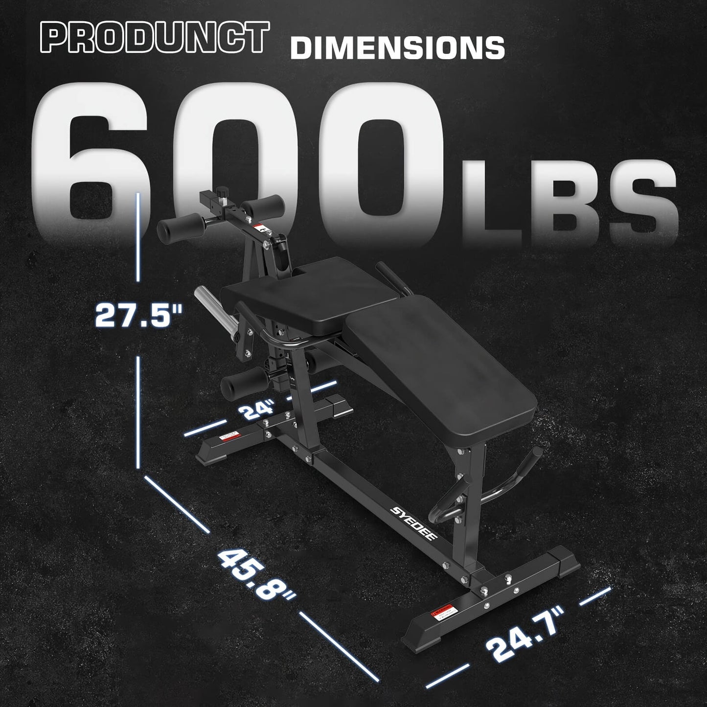 Leg exercise machine with weight capacity and dimensions displayed on a dark background