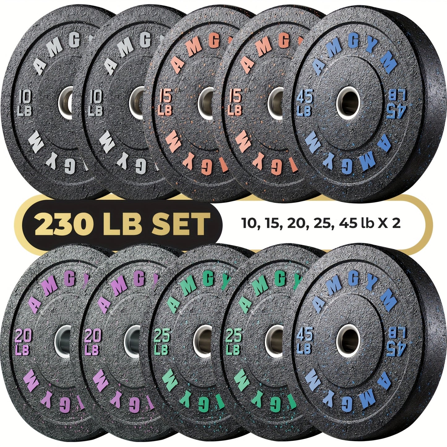 Set of AMGYM bumper plates with various weights on a white background
