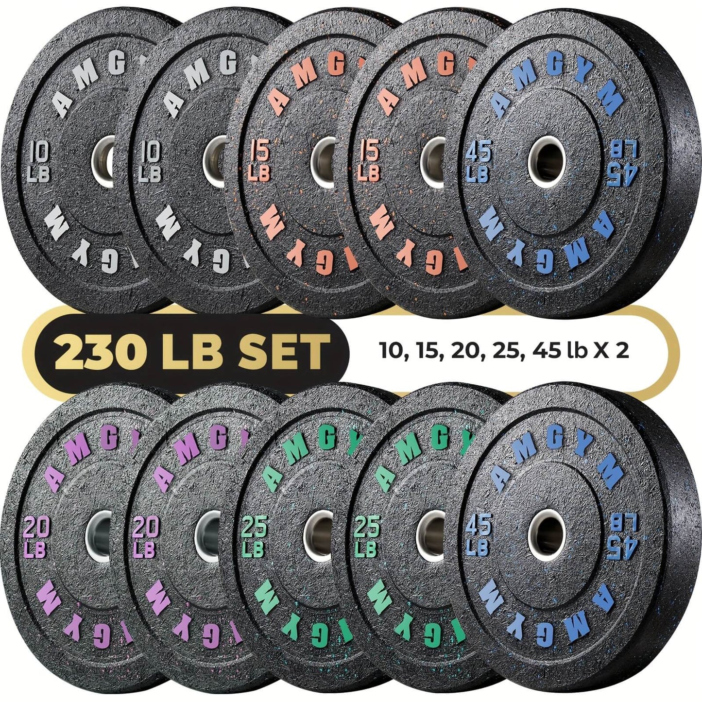 Set of weight plates with color-coded labels on a white background