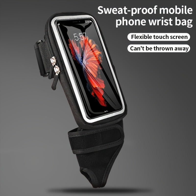Black sweat-proof phone holder for running with a phone inside on a gray background