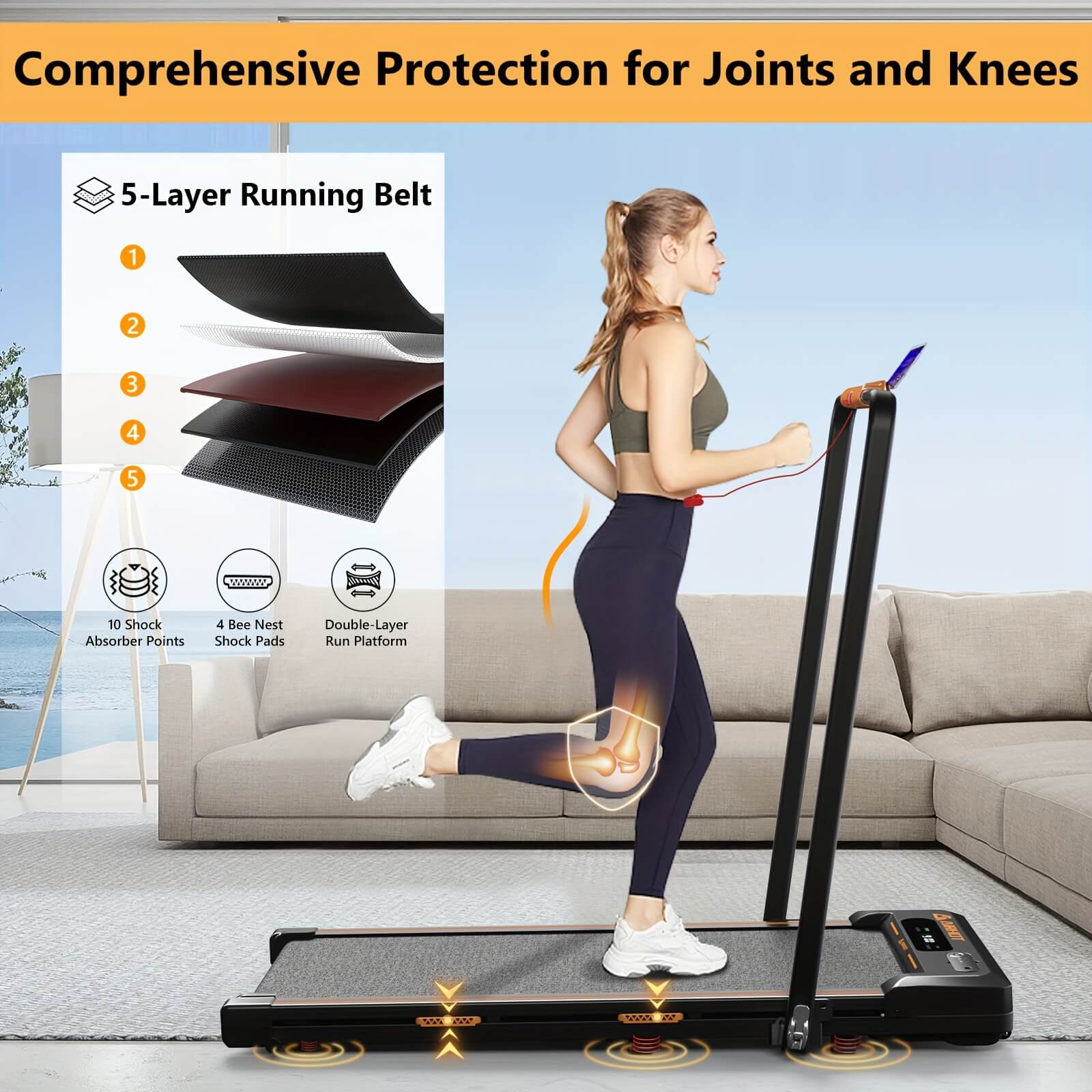 A lady jogging on an Airhot 2-in-1 under desk treadmill sold by 100 Spartans