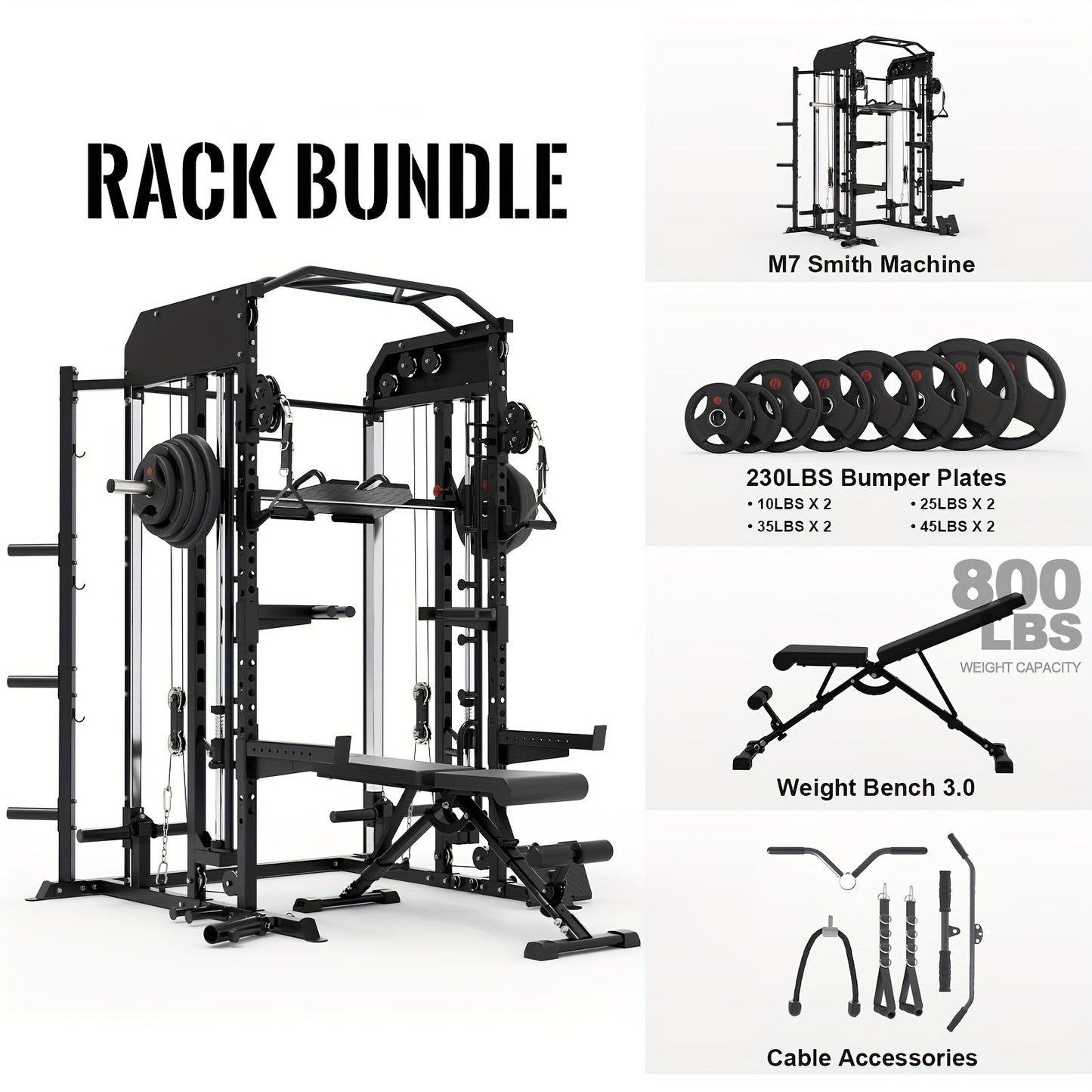 Gym equipment bundle with Smith Machine, bumper plates, weight bench, and cable accessories on a white background.