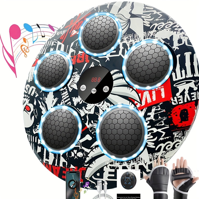Soccer ball with speaker design, colorful music notes, and a person wearing gloves.