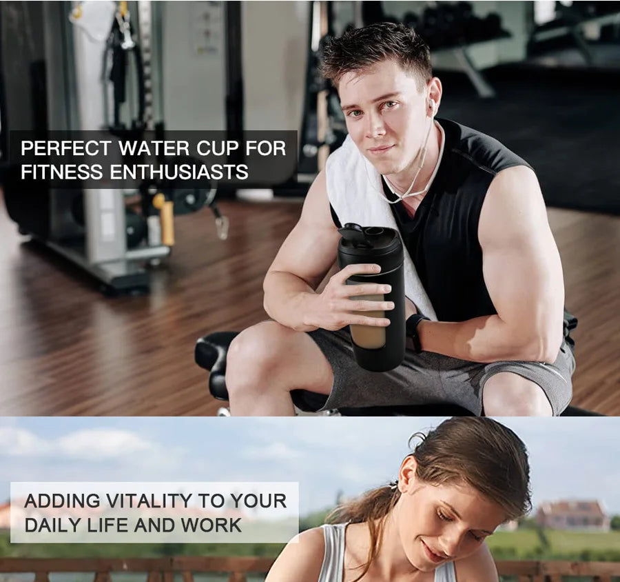 A man holding a black blender water bottle sold by 100 Spartans