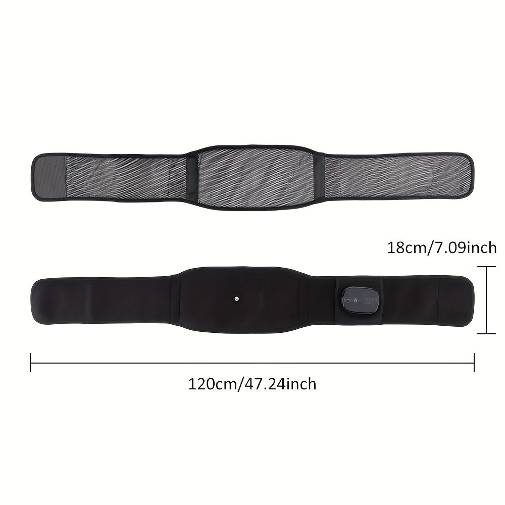 Black and gray muscle stimulator machine with measurements on a white background