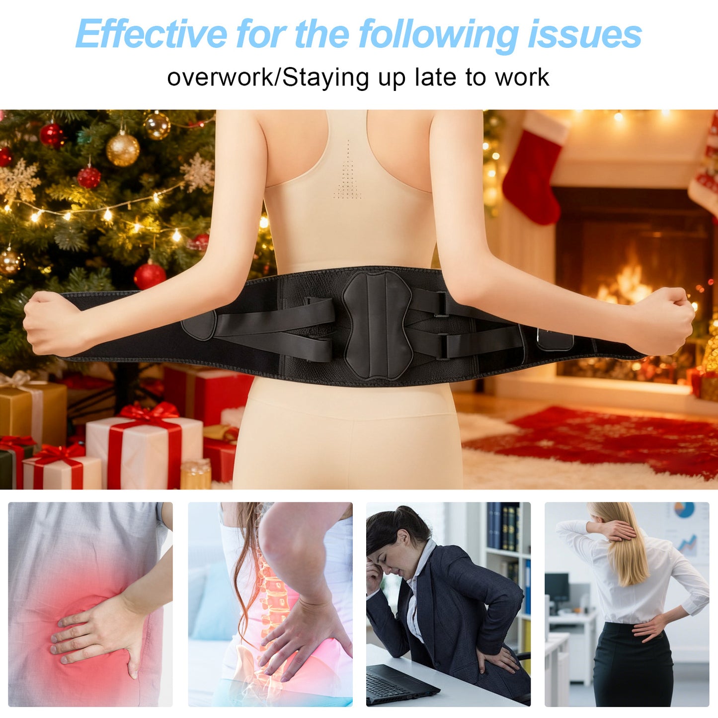 Person wearing a vibrating back massager with Christmas decorations in the background