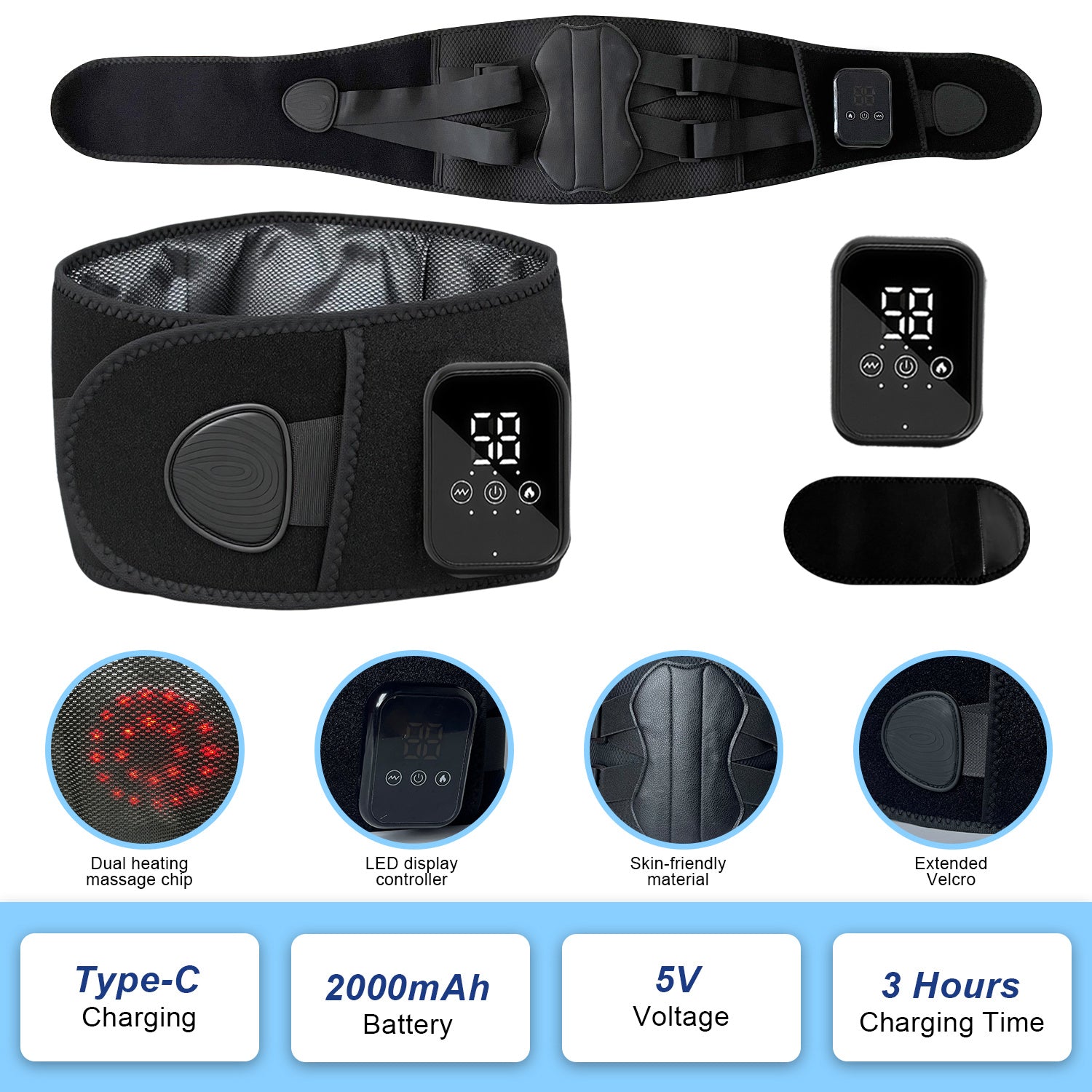 Vibrating back massager with digital display and various features highlighted on a white background