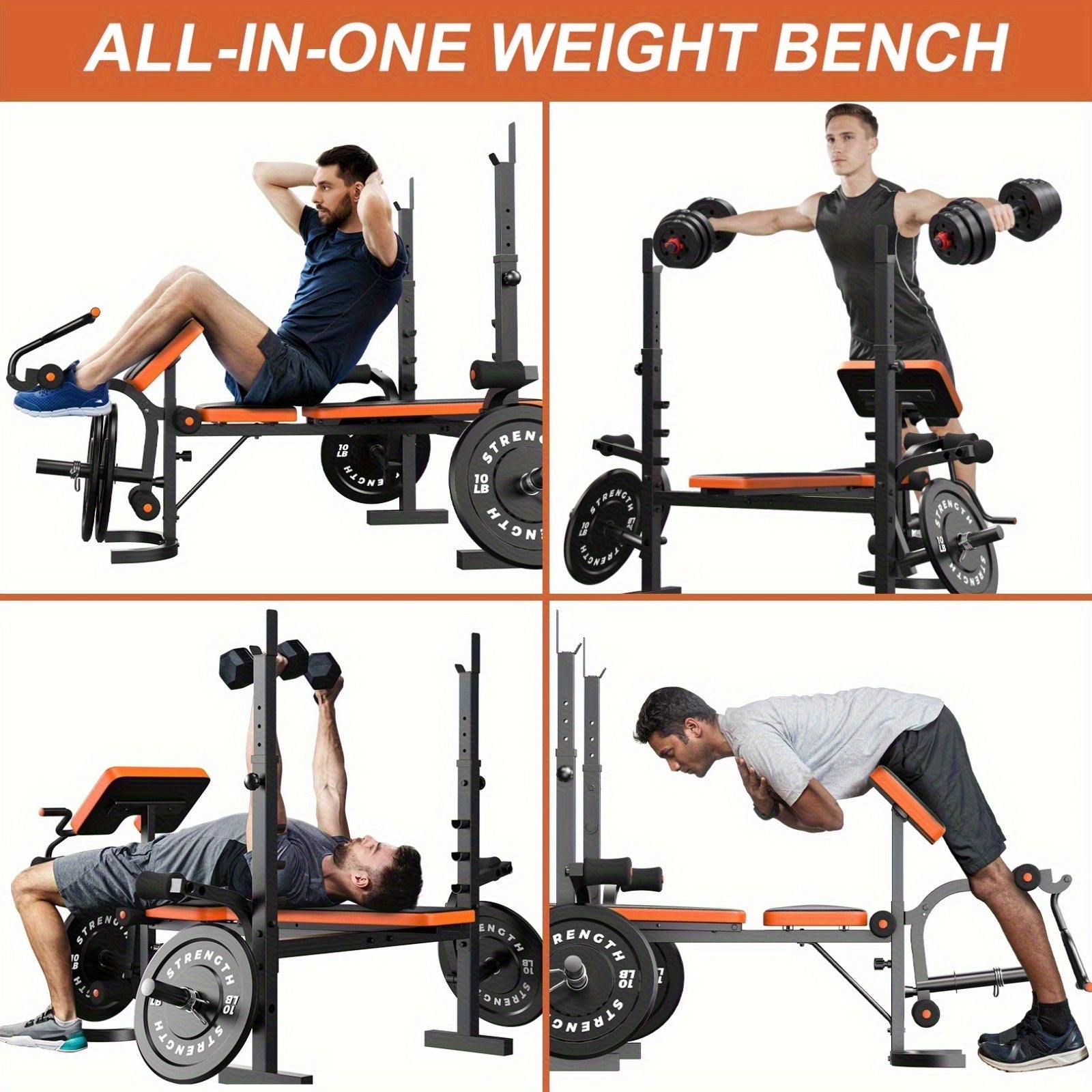 All-in-one weight bench with various exercises being performed on it.