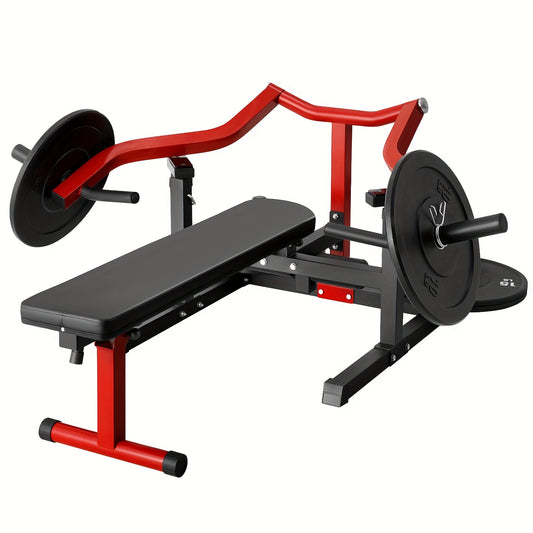 Black weight bench with red frame and weights on a white background