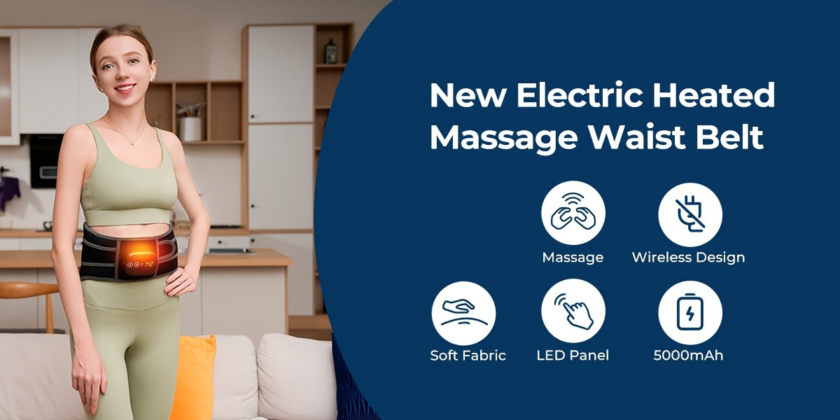 Woman wearing a new muscle stimulator machine with product features displayed on a blue background.