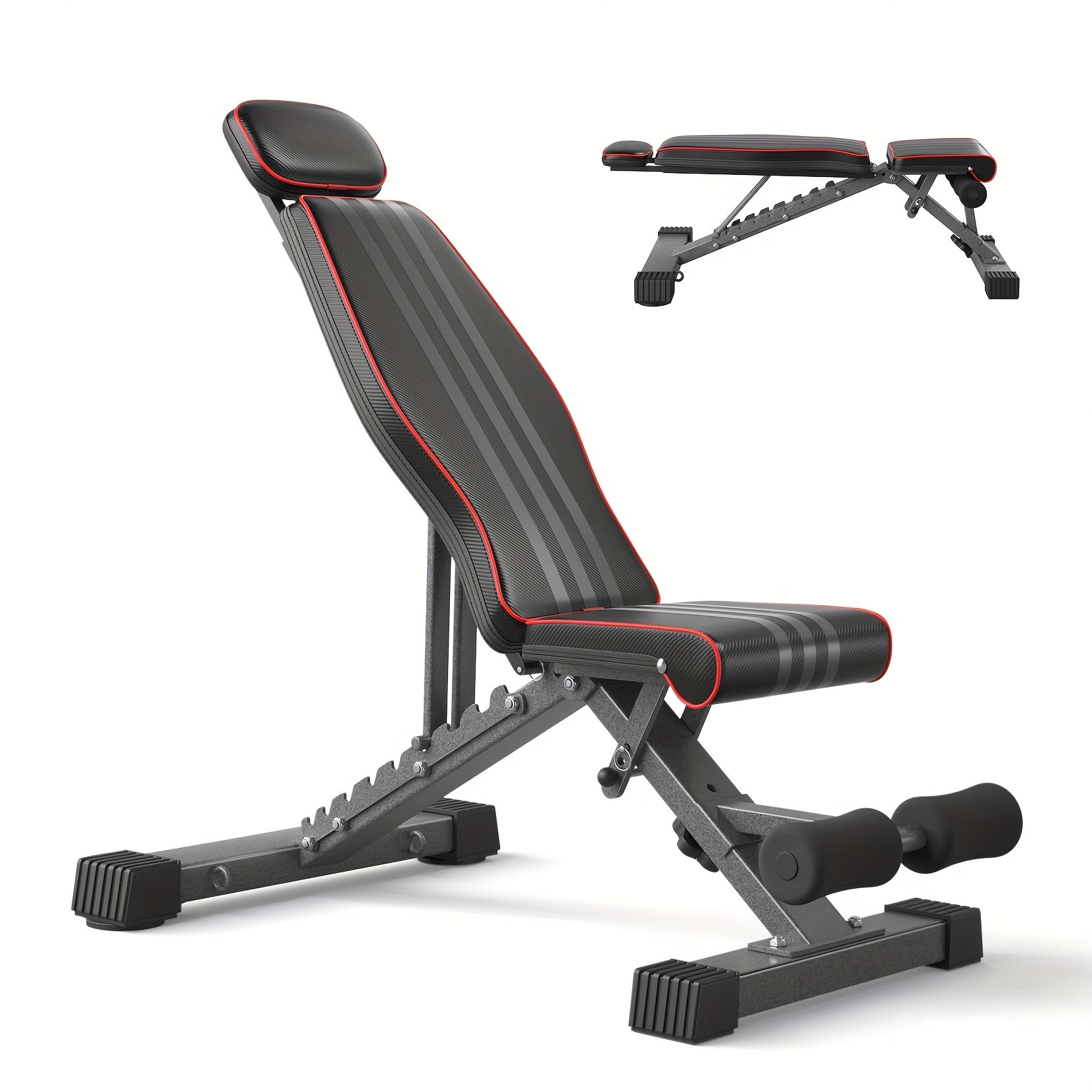 Black and red weight adjustable bench on a white background