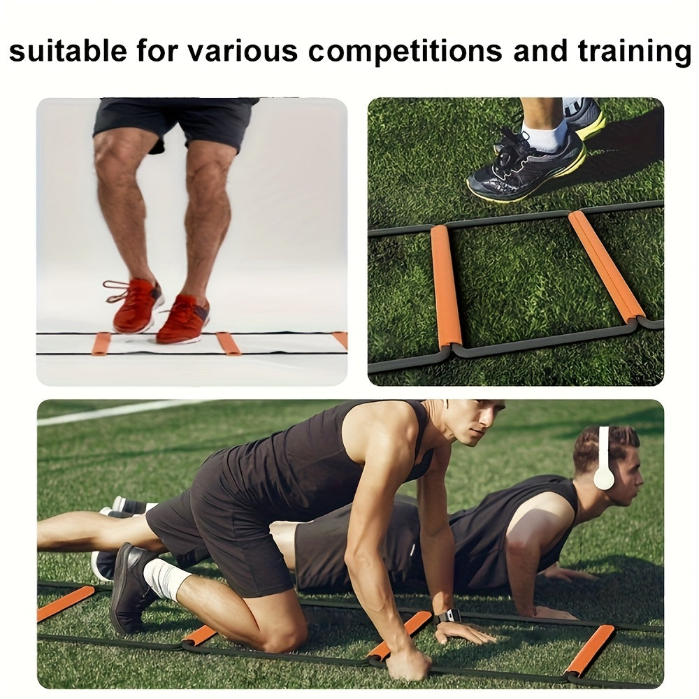 Collage of people using agility ladders and performing exercises on a grass field.