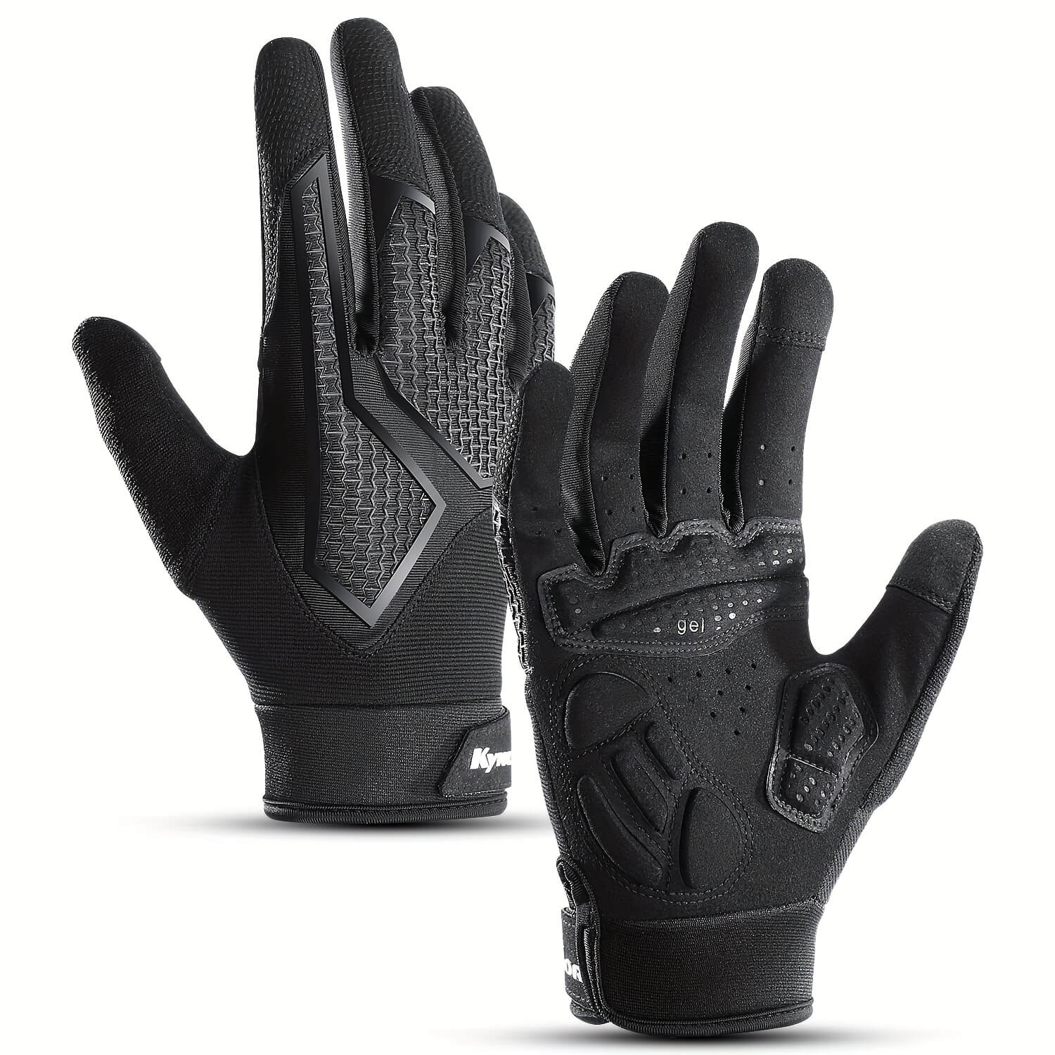 Black full finger workout gloves with textured design on a white background