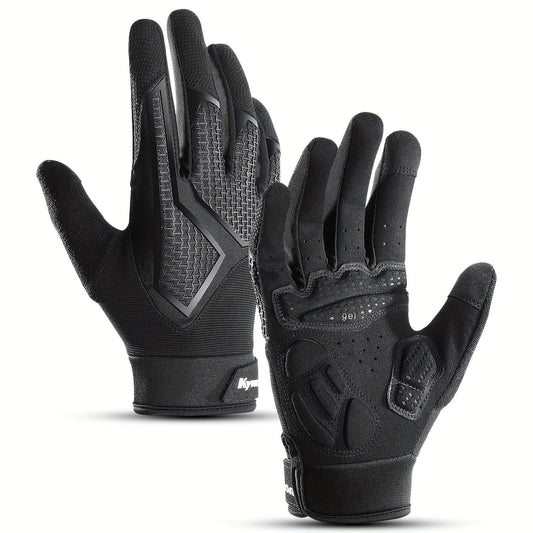 Black full finger workout gloves with textured design on a white background
