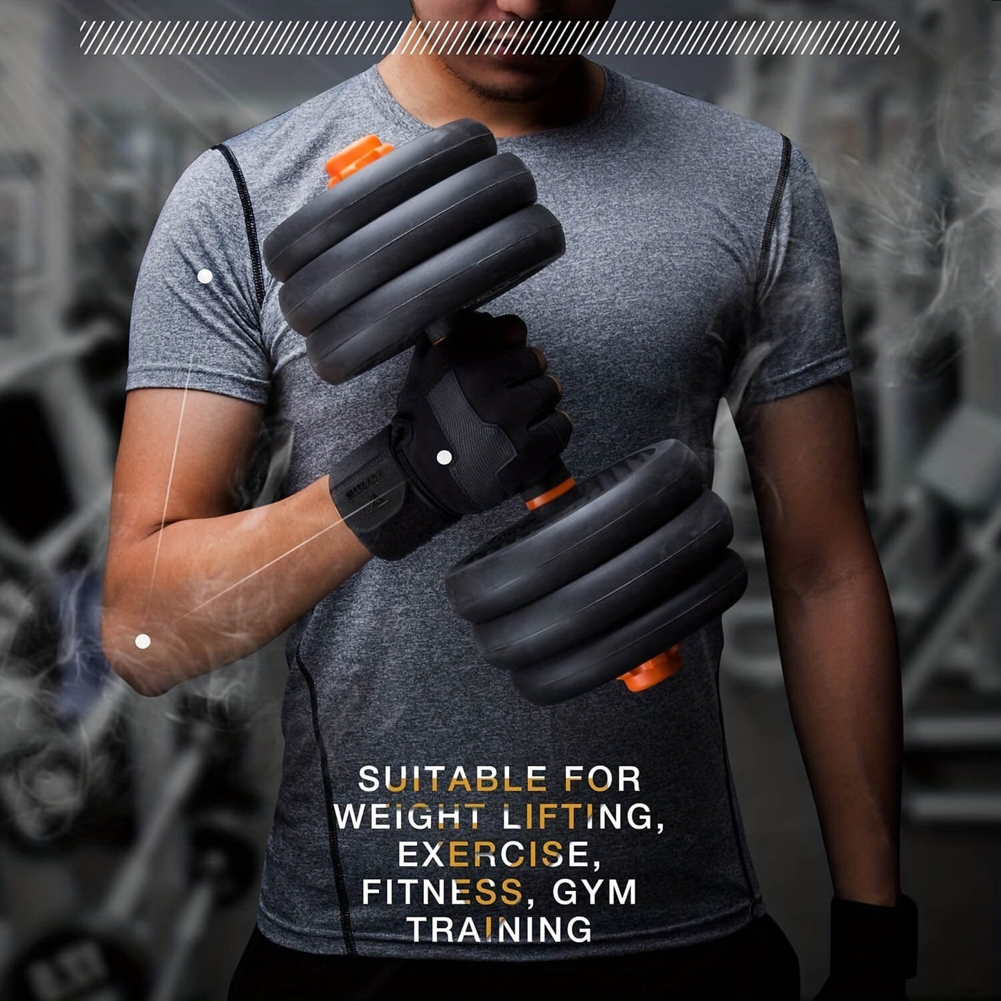 Person wearing weightlifting workout gloves holding a pair of adjustable dumbbells with text about fitness use.
