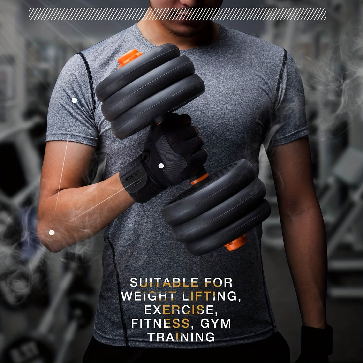 Person wearing weightlifting workout gloves holding a pair of adjustable dumbbells with text about fitness use.