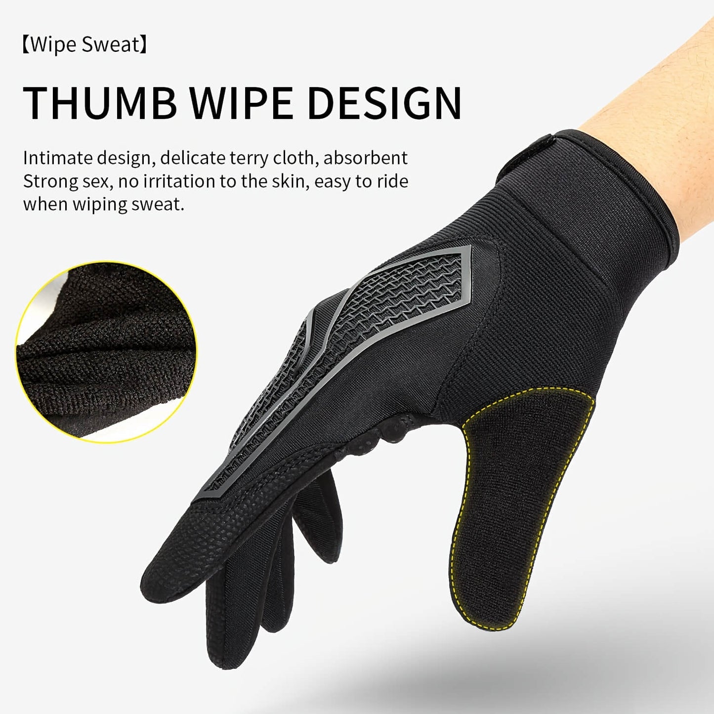 Black full finger workout gloves with thumb wipe design on a white background