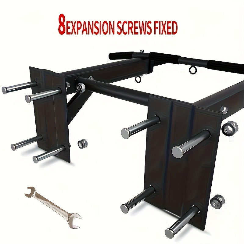 Black wall mount pull up bar with expansion screws and a wrench on a white background