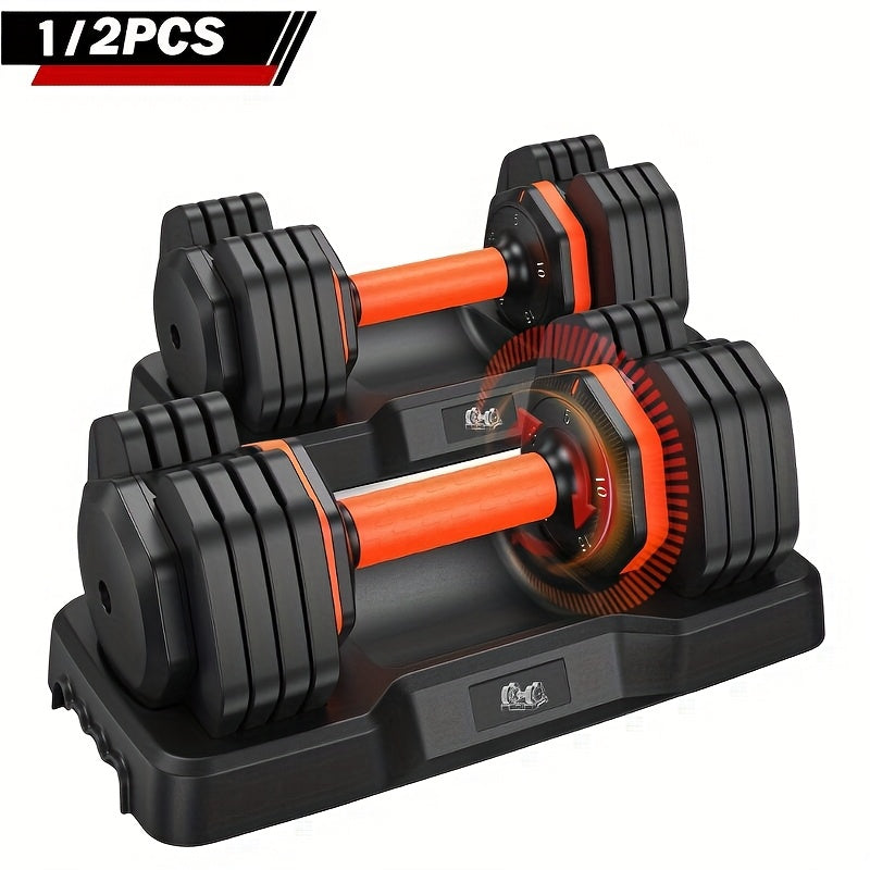 Pair of adjustable dumbbells with black and orange design on a white background