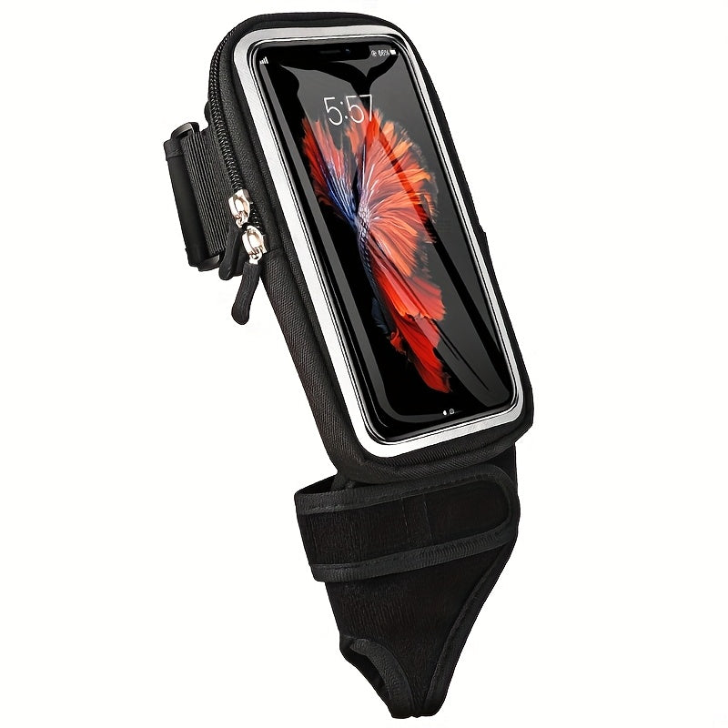 Black phone holder for running with a smartphone displaying a butterfly image on a white background