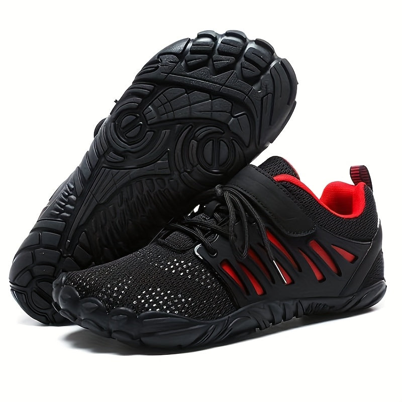 Black barefoot hiking shoes with red accents on a white background