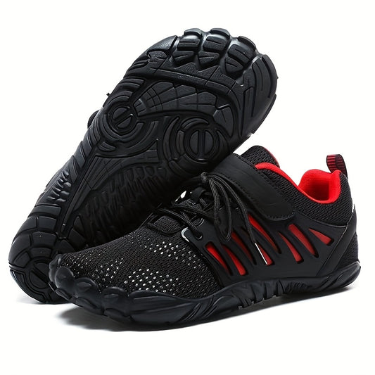 Black barefoot hiking shoes with red accents on a white background