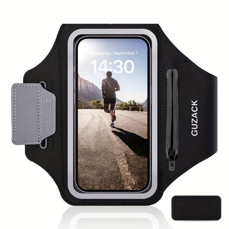 Black and gray Guzack phone holder for running​ with smartphone display showing a runner on a road.