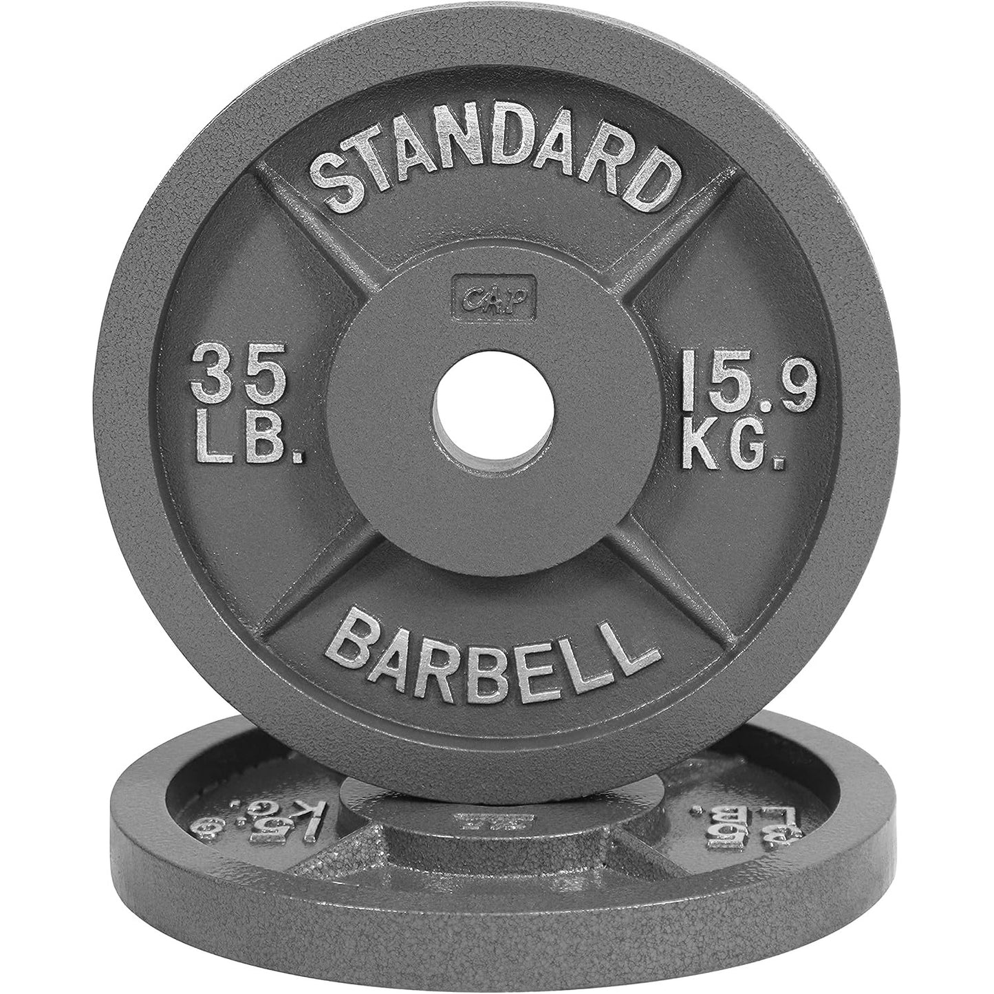 Gray barbell weight plate with 'Standard Barbell' and weight markings on a white background