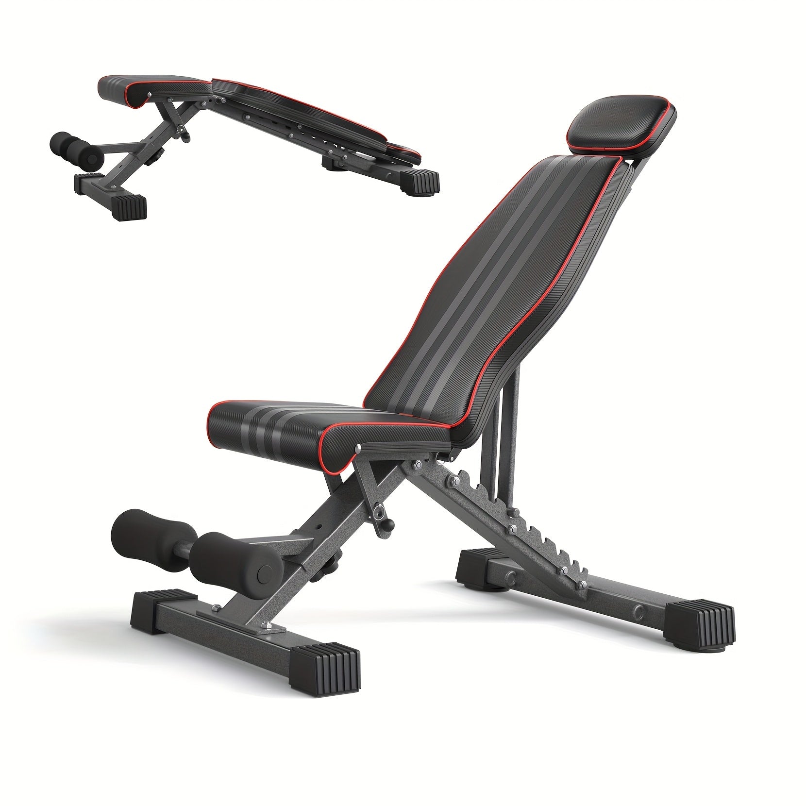 Black and red adjustable weight bench on a white background
