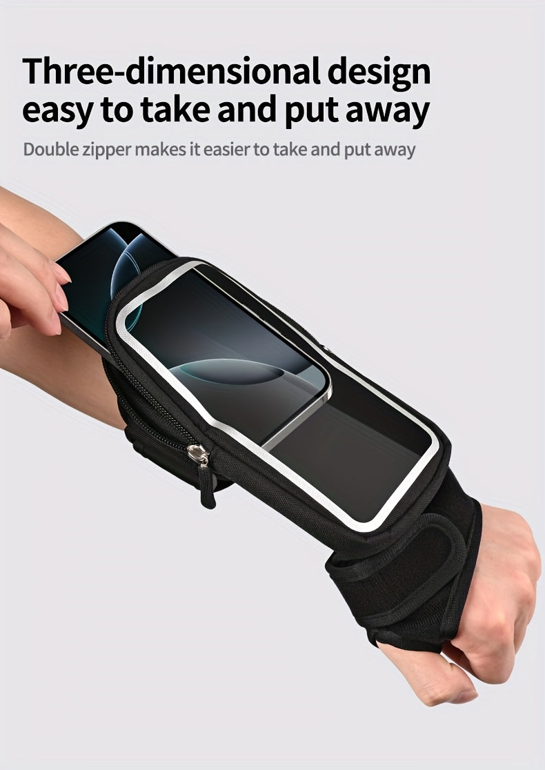 Black phone holder for running with a smartphone, worn on a wrist, on a light gray background.
