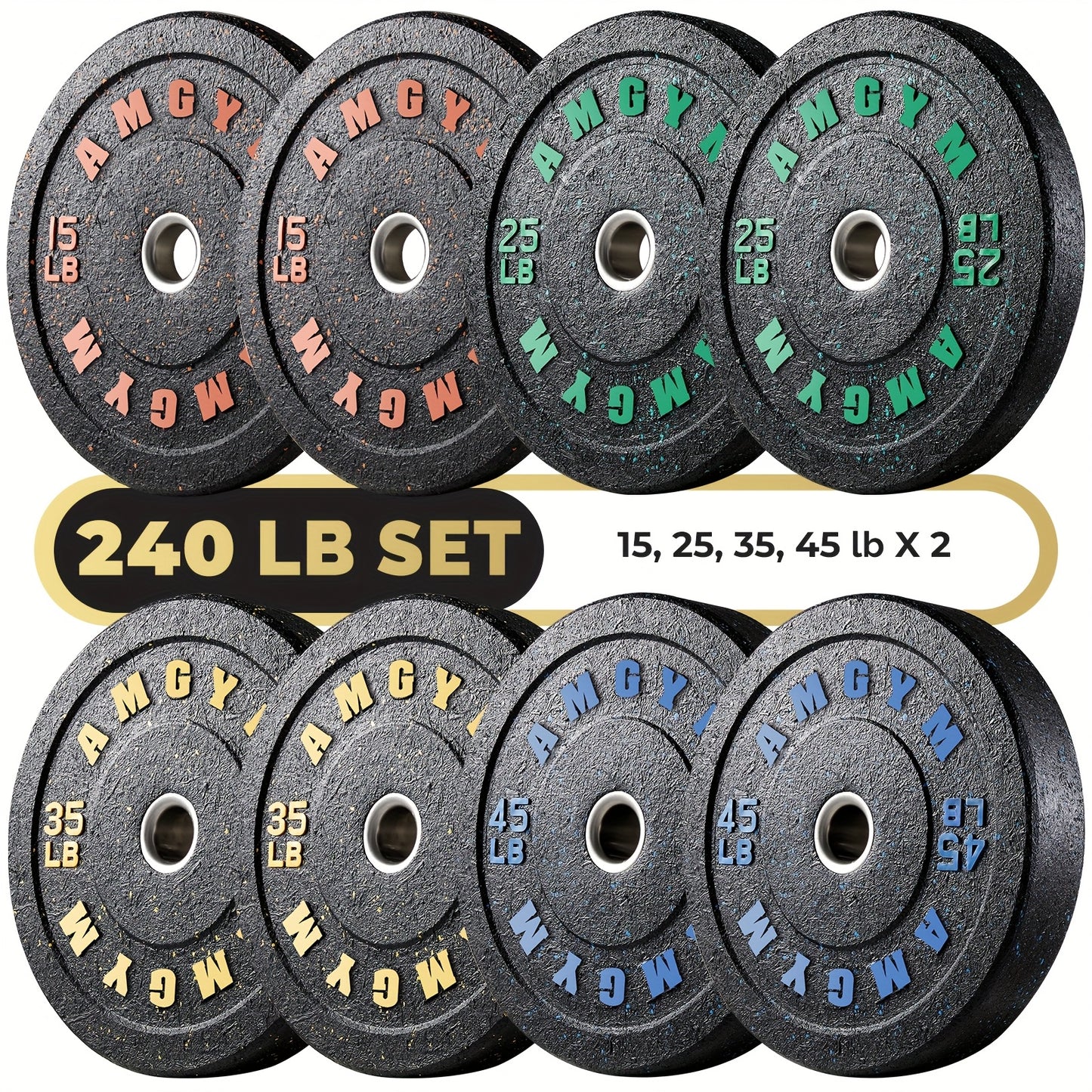 Set of weight plates with color-coded labels on a white background