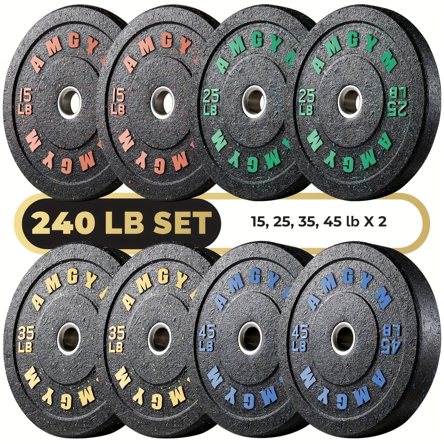 Set of weight plates with color-coded labels on a white background
