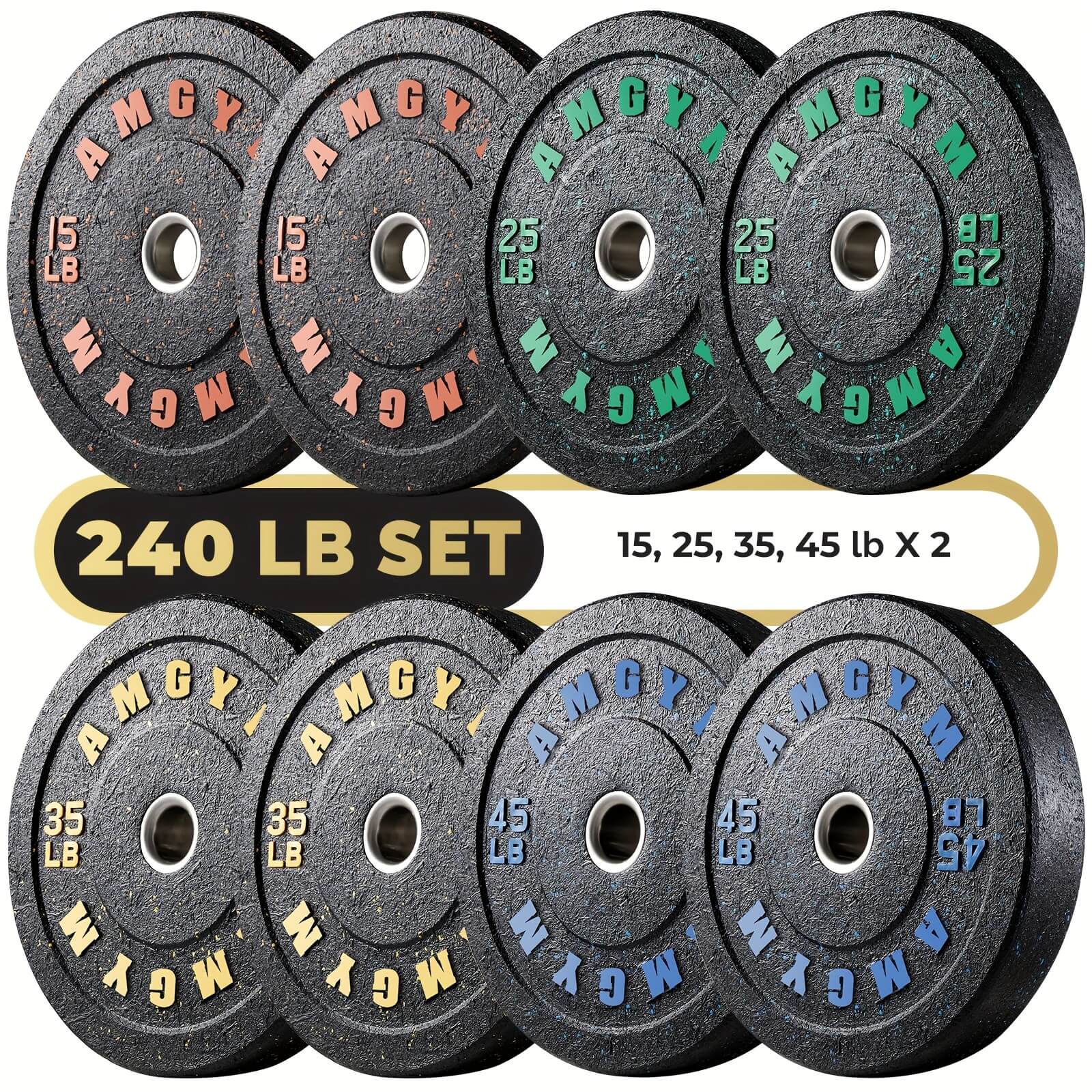 Set of weight plates with color-coded labels on a white background