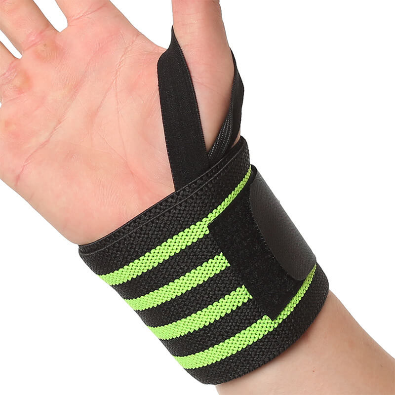 Black wrist wrap with green stripes on a white background