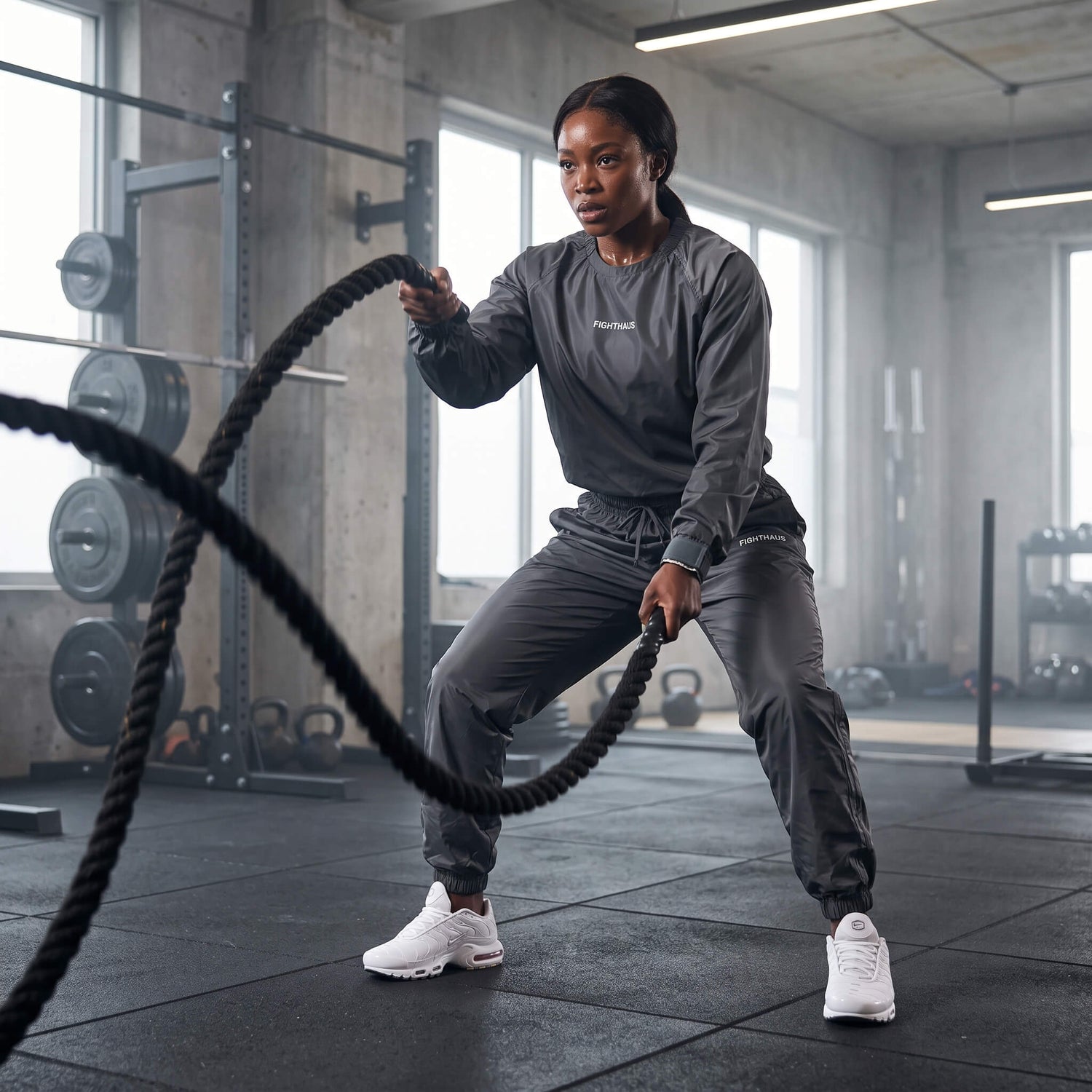 A woman in a gym wearing a dark grey sauna suit and white sneakers, performing a battle rope exercise with a thick black battle rope. The background shows a modern industrial gym with concrete walls, windows, and weight racks.